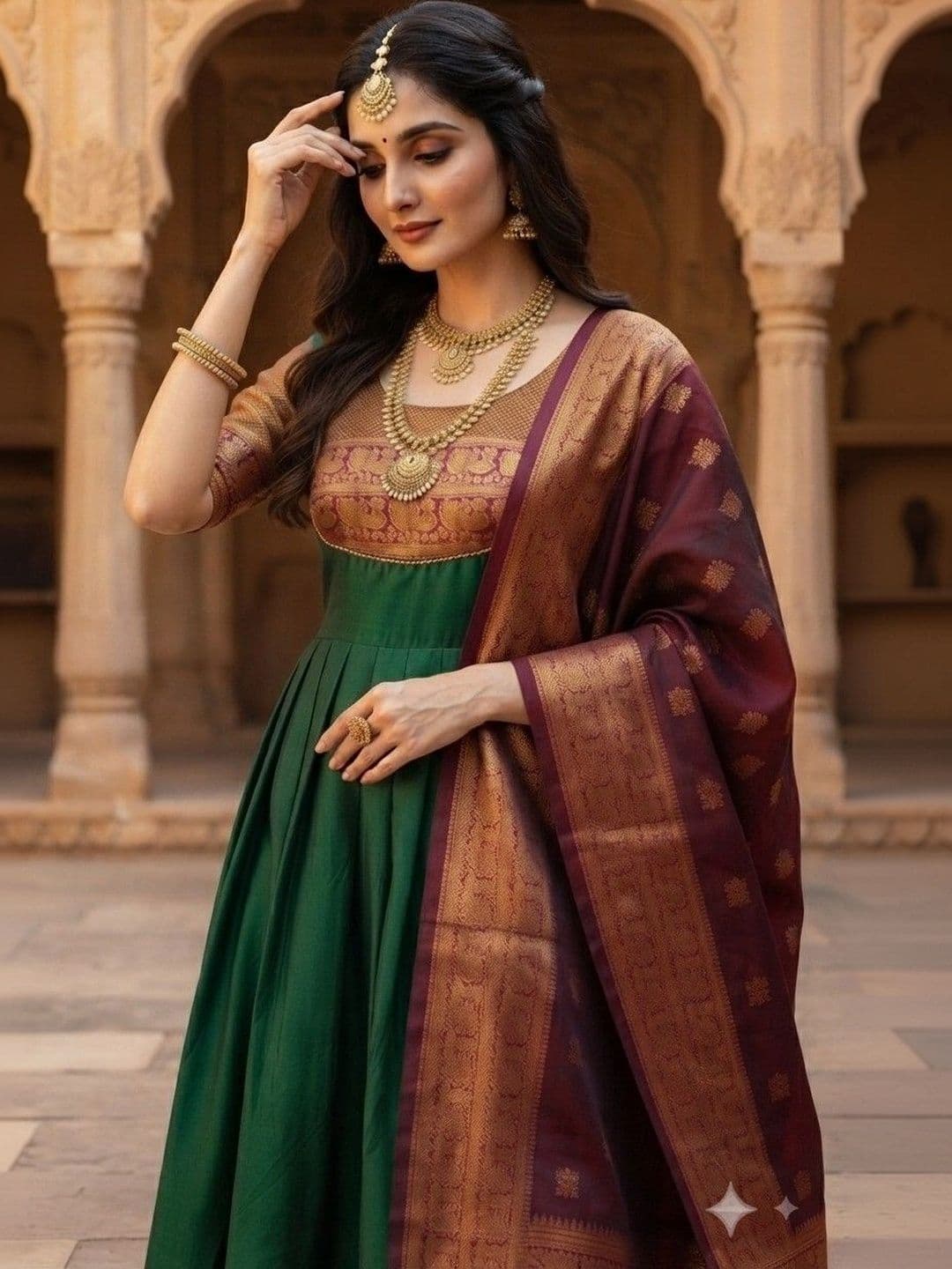 SmileyFashion Woven Design Round Neck Maxi Dress With Dupatta thumbnail 4