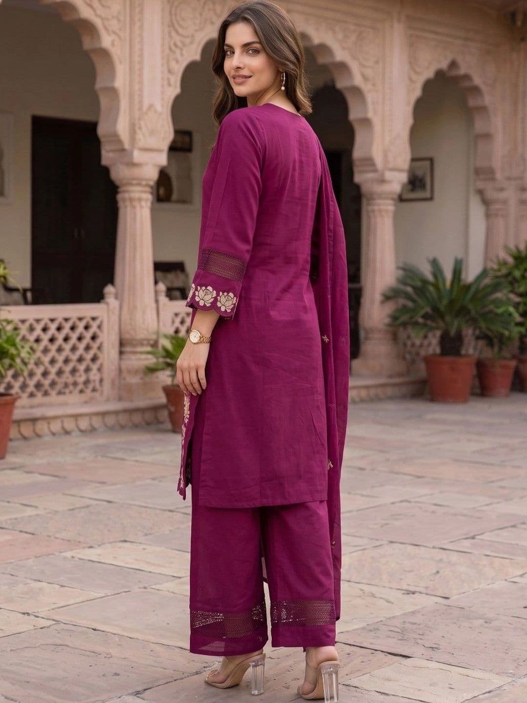 Sangria Women Ethnic Motifs Embroidered Regular Thread Work Pure Cotton Kurta with Palazzos & With Dupatta thumbnail 3