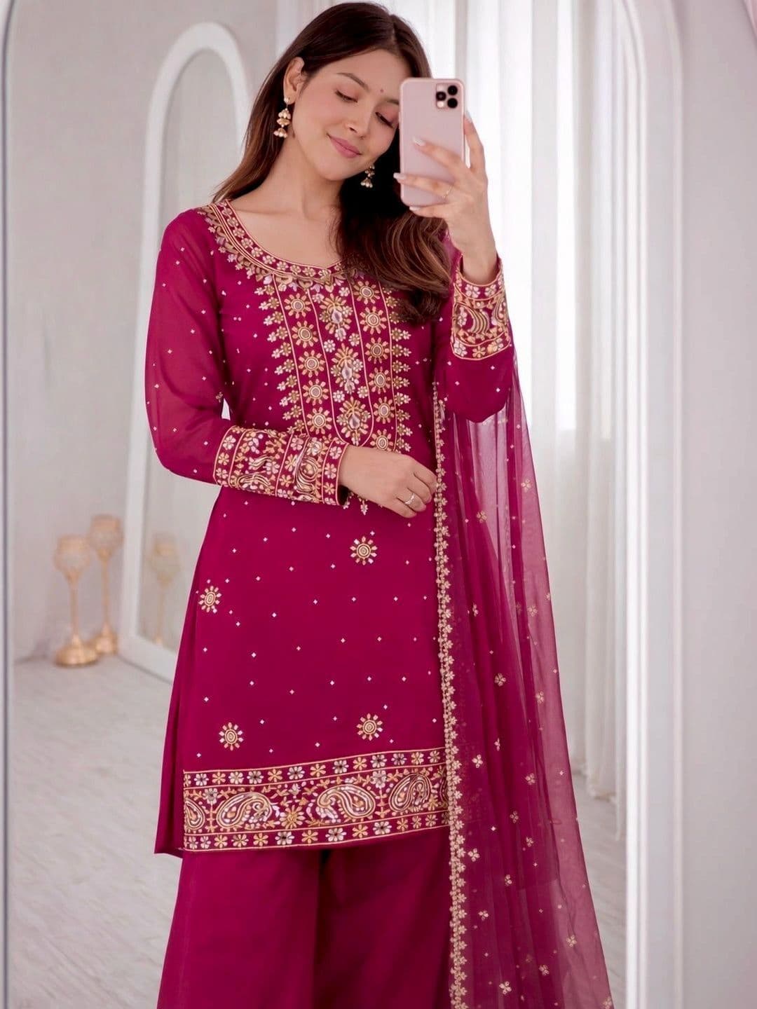 WOMEN WASTRA Women Ethnic Motifs Embroidered Regular Kurta with Palazzos & With Dupatta thumbnail 2