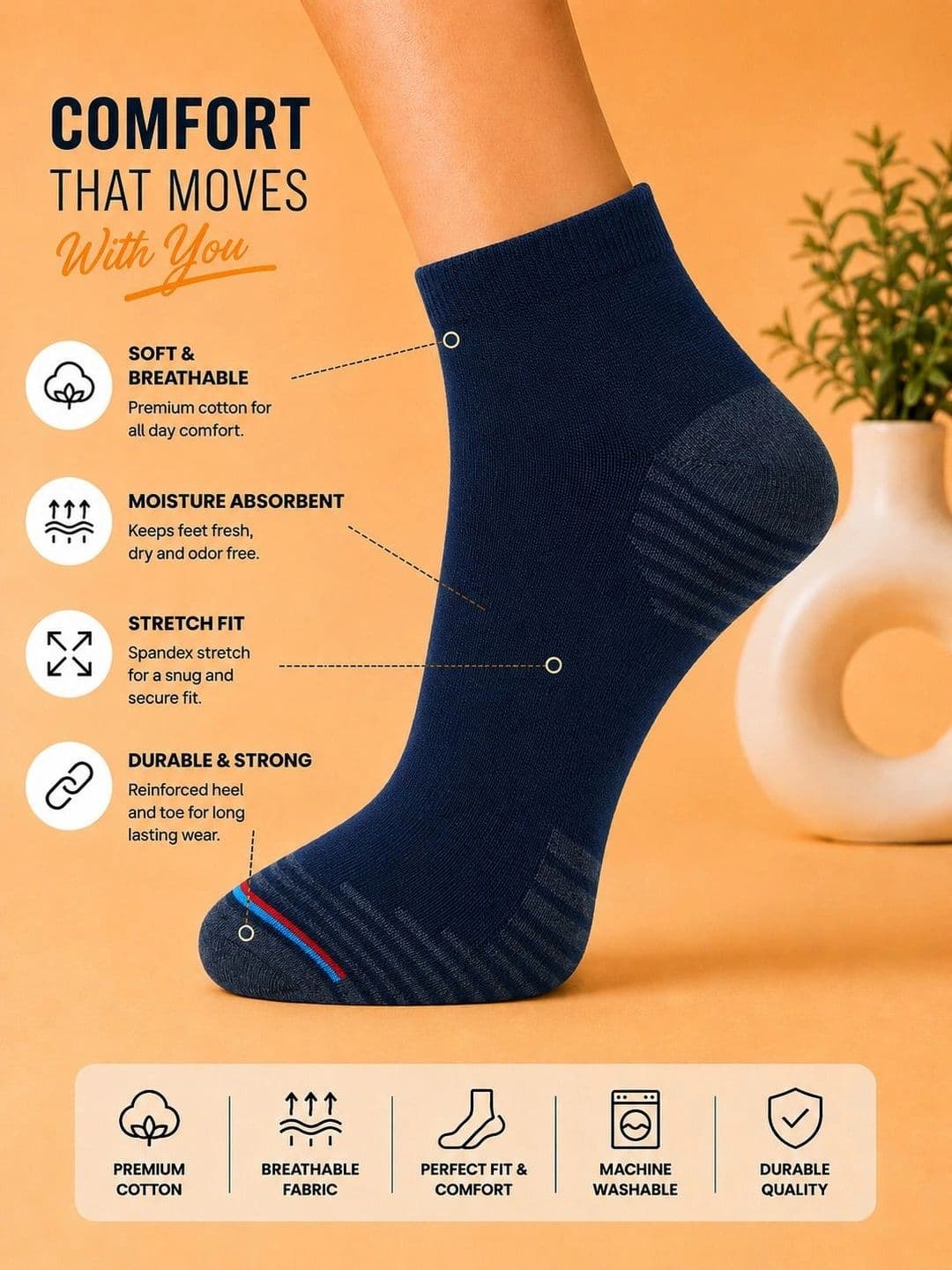 ADDOSSO Men Pack of 5 Cotton Assorted Striped Above Ankle Socks thumbnail 2