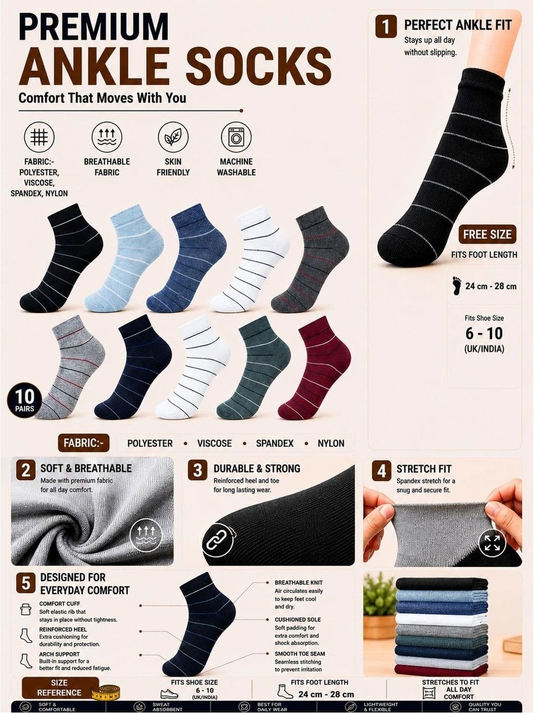 ADDOSSO Men Pack of 10 Cotton Assorted Striped Ankle Length Socks thumbnail 4