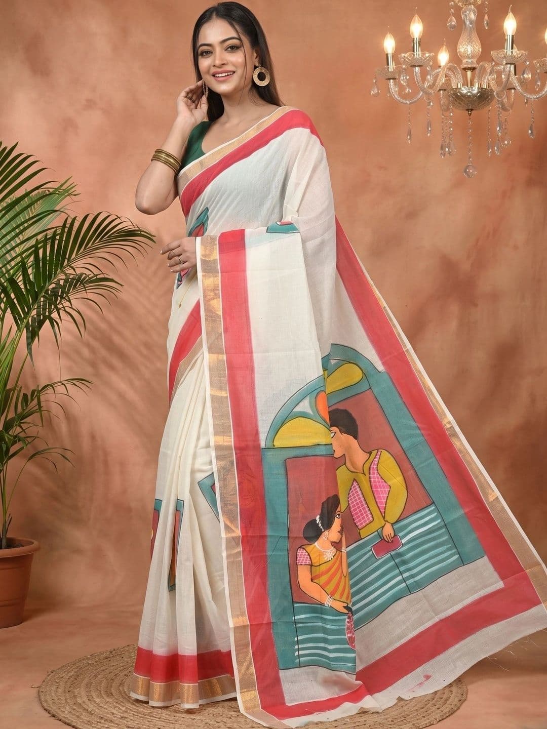 PuJoy Ethnic Motifs Sequinned Pure Cotton Handloom Taant Saree thumbnail 4