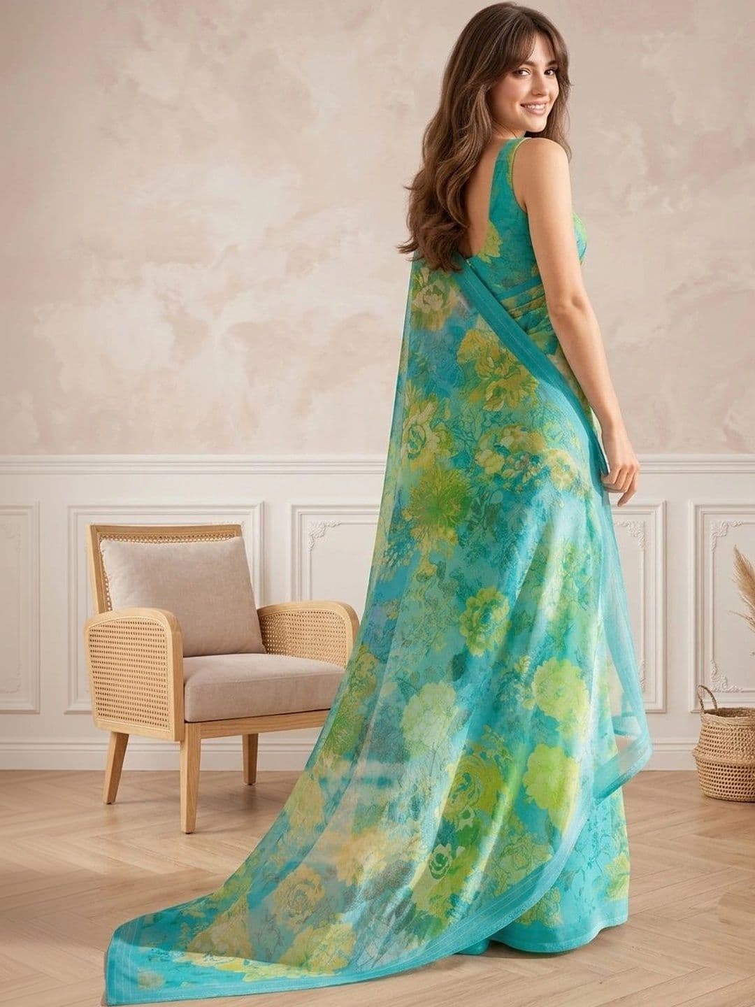 all about you Floral Poly Georgette Fusion Saree thumbnail 5