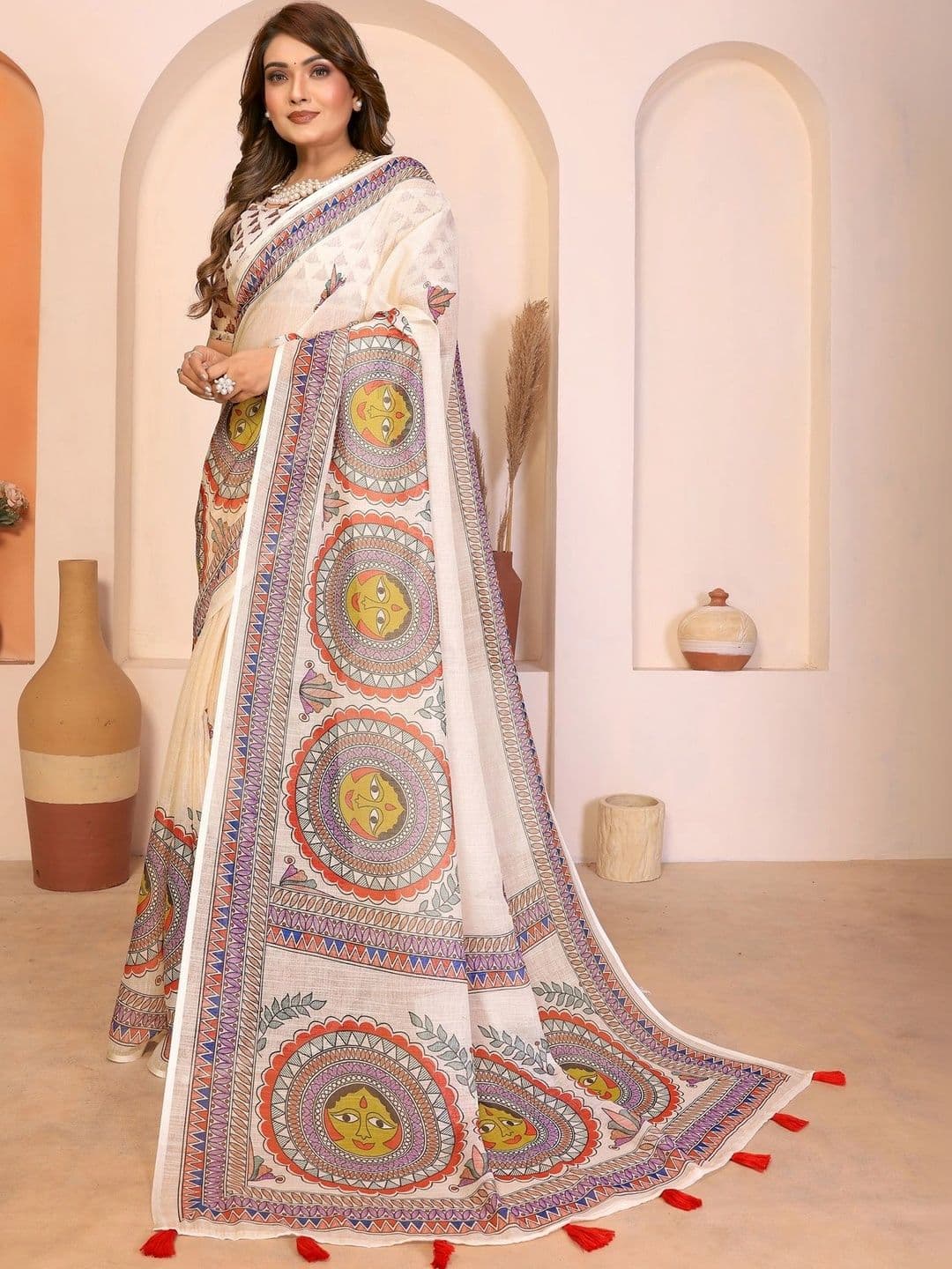VS MALL Floral Linen Blend Saree thumbnail 6