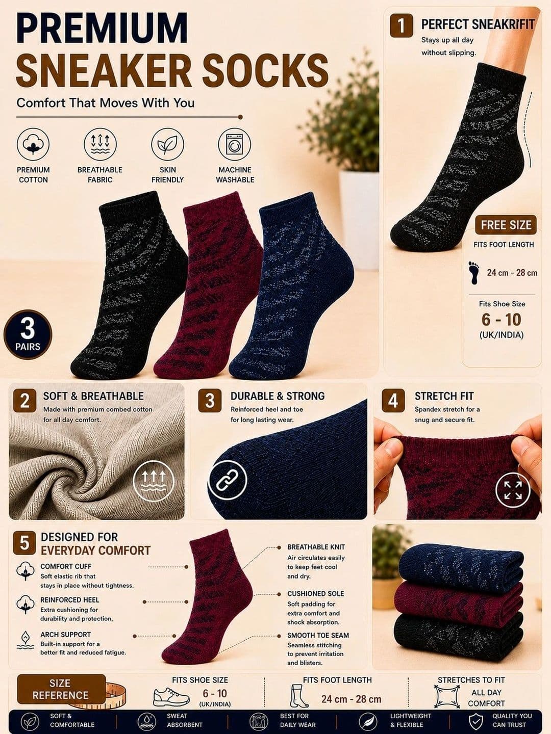 ADDOSSO Men Pack of 3 Cotton Assorted Patterned Ankle Length Socks thumbnail 4