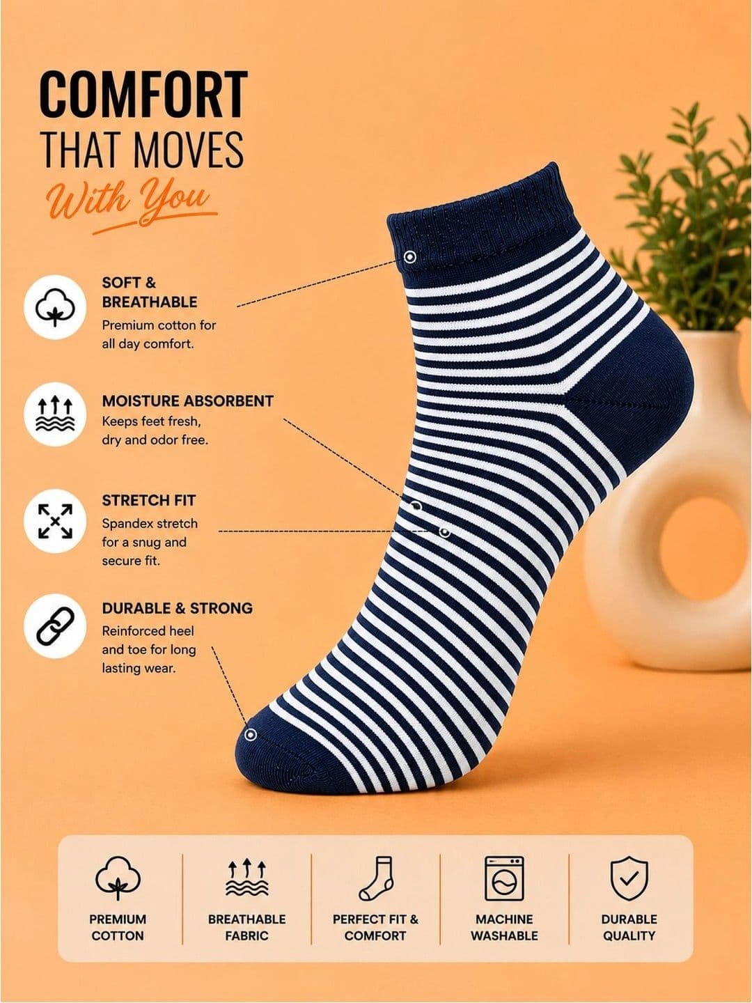ADDOSSO Men Pack of 6 Cotton Assorted Patterned Ankle Length Socks thumbnail 5