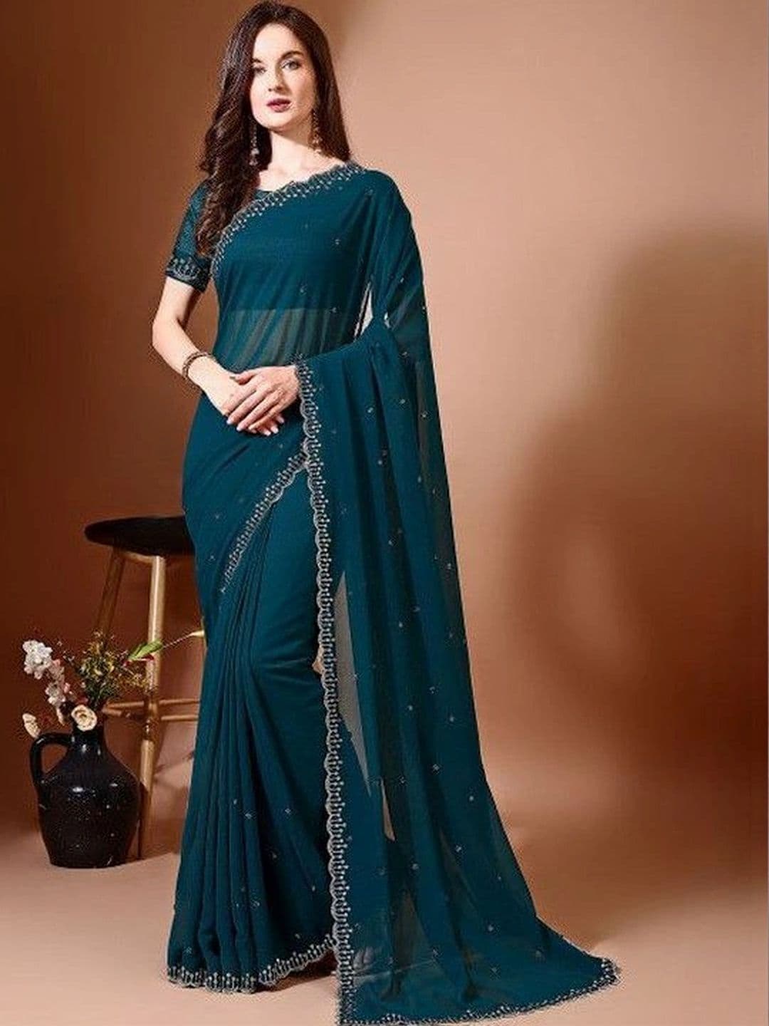 Leelavati Women Embellished Beads and Stones Pure Chiffon Saree thumbnail 6