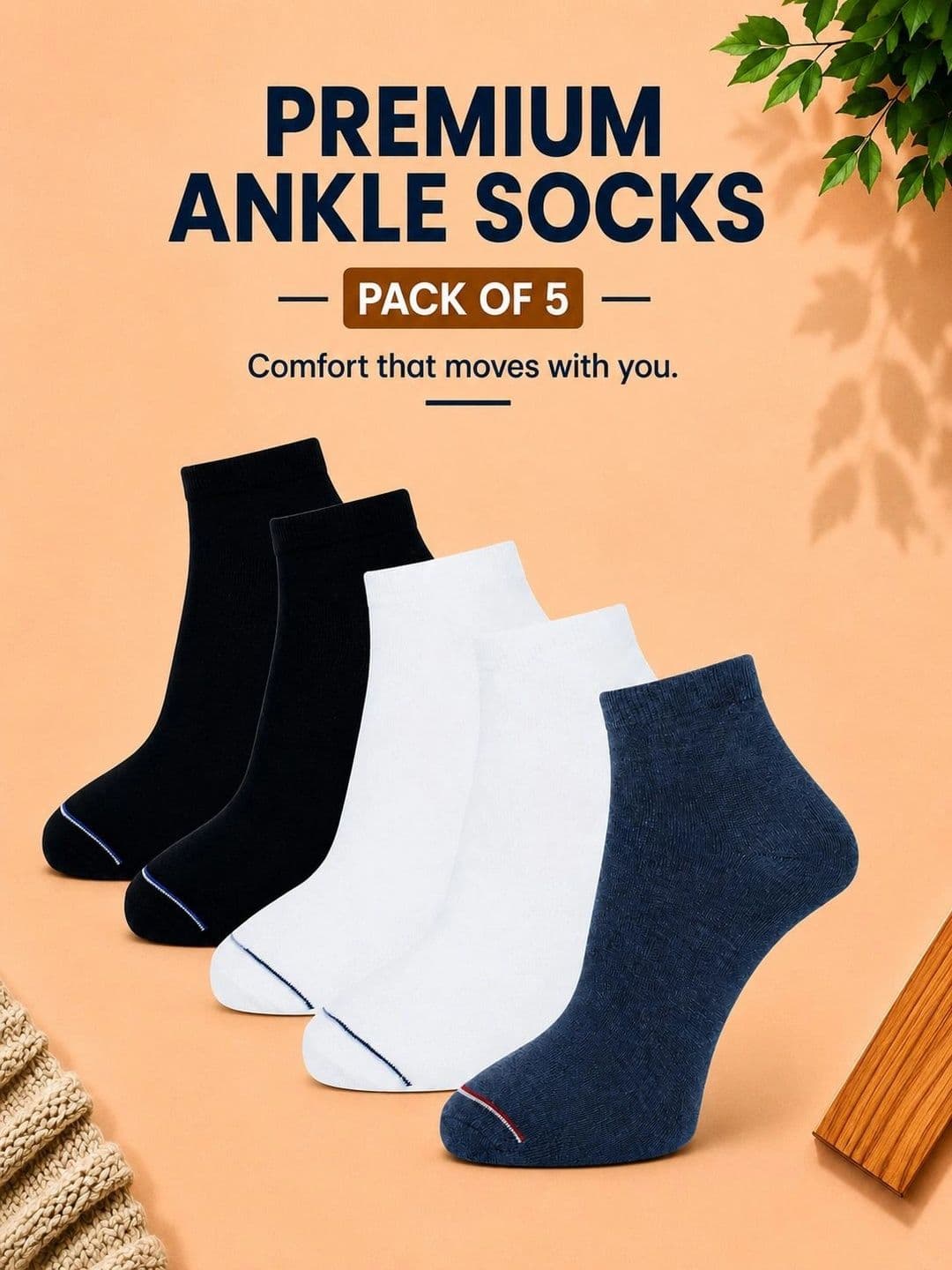 ADDOSSO Men Pack of 5 Cotton Assorted Ankle Length Socks thumbnail 4