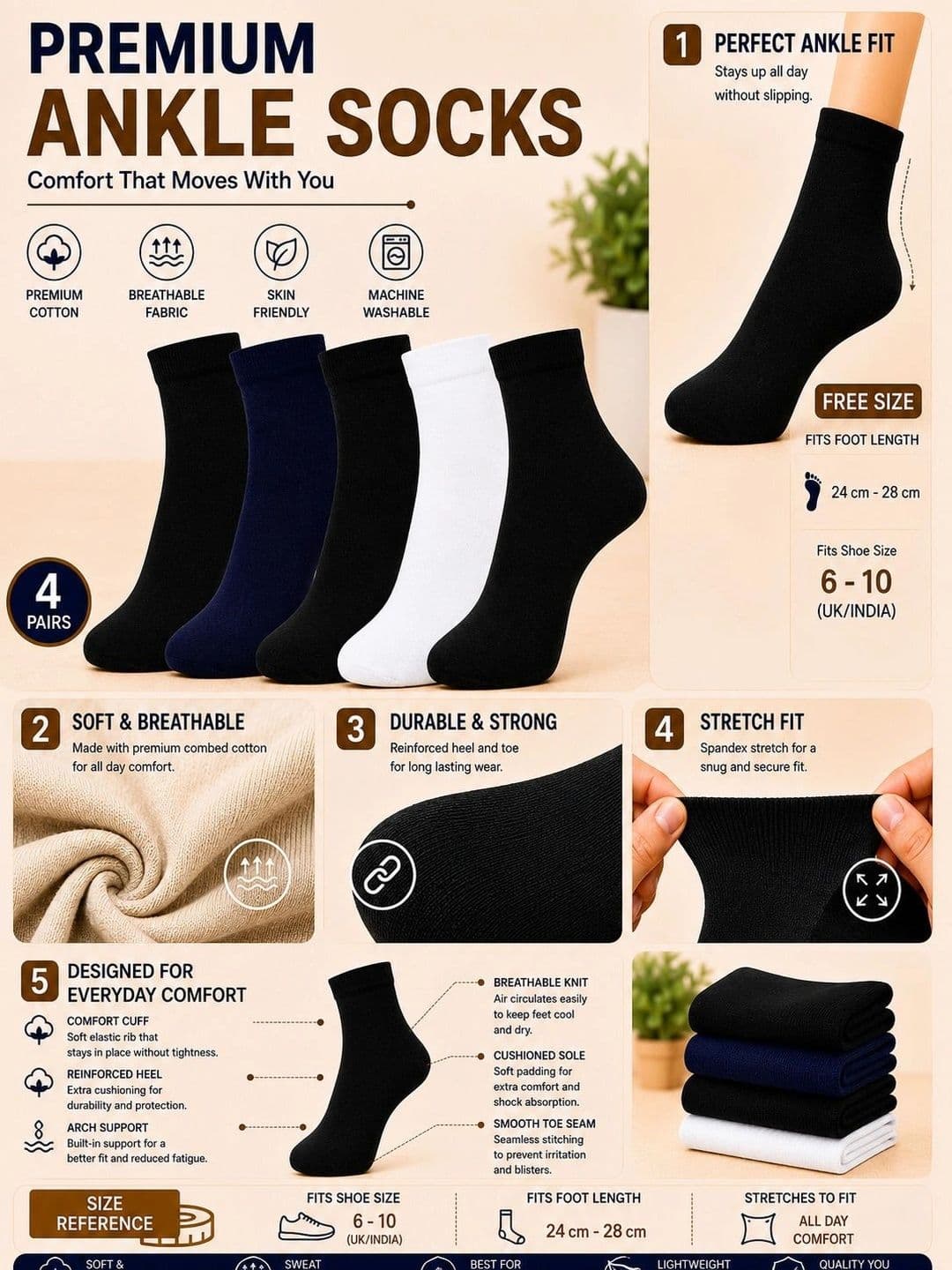 ADDOSSO Men Pack of 5 Cotton Assorted Ankle Length Socks thumbnail 3