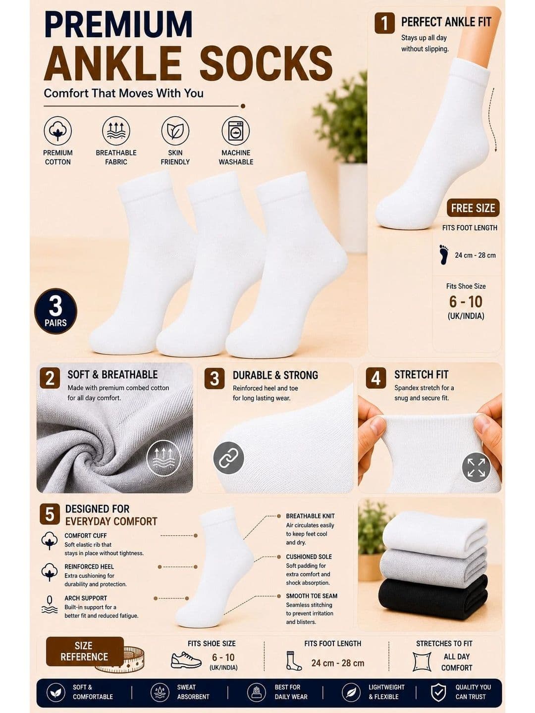 ADDOSSO Men Pack of 3 Cotton Assorted Ankle Length Socks thumbnail 4