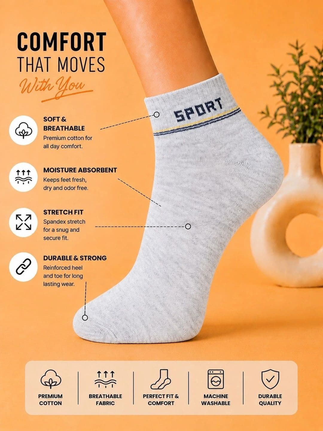 ADDOSSO Men Pack of 5 Cotton Assorted Colourblocked Ankle Length Socks thumbnail 4