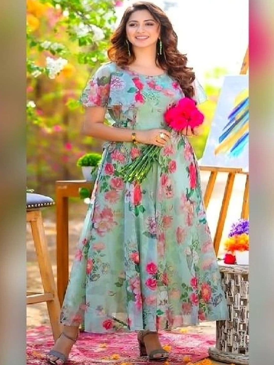 JS CREATIVE Floral Print Flutter Sleeve Ruffled Georgette A-Line Maxi Dress thumbnail 6