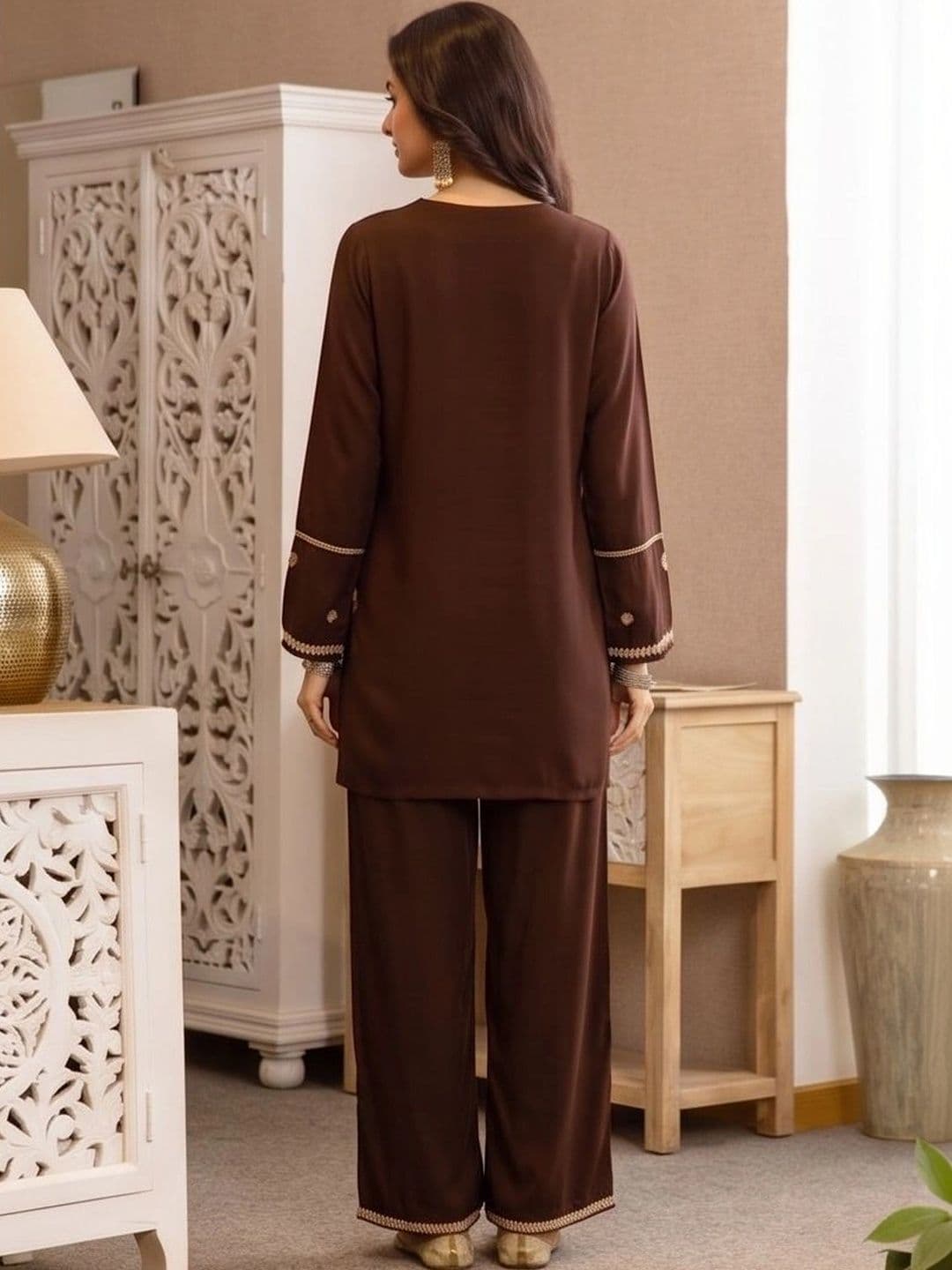 AurexWear Women Ethnic Motifs Embroidered Regular Thread Work Pure Cotton Kurta with Palazzos thumbnail 5