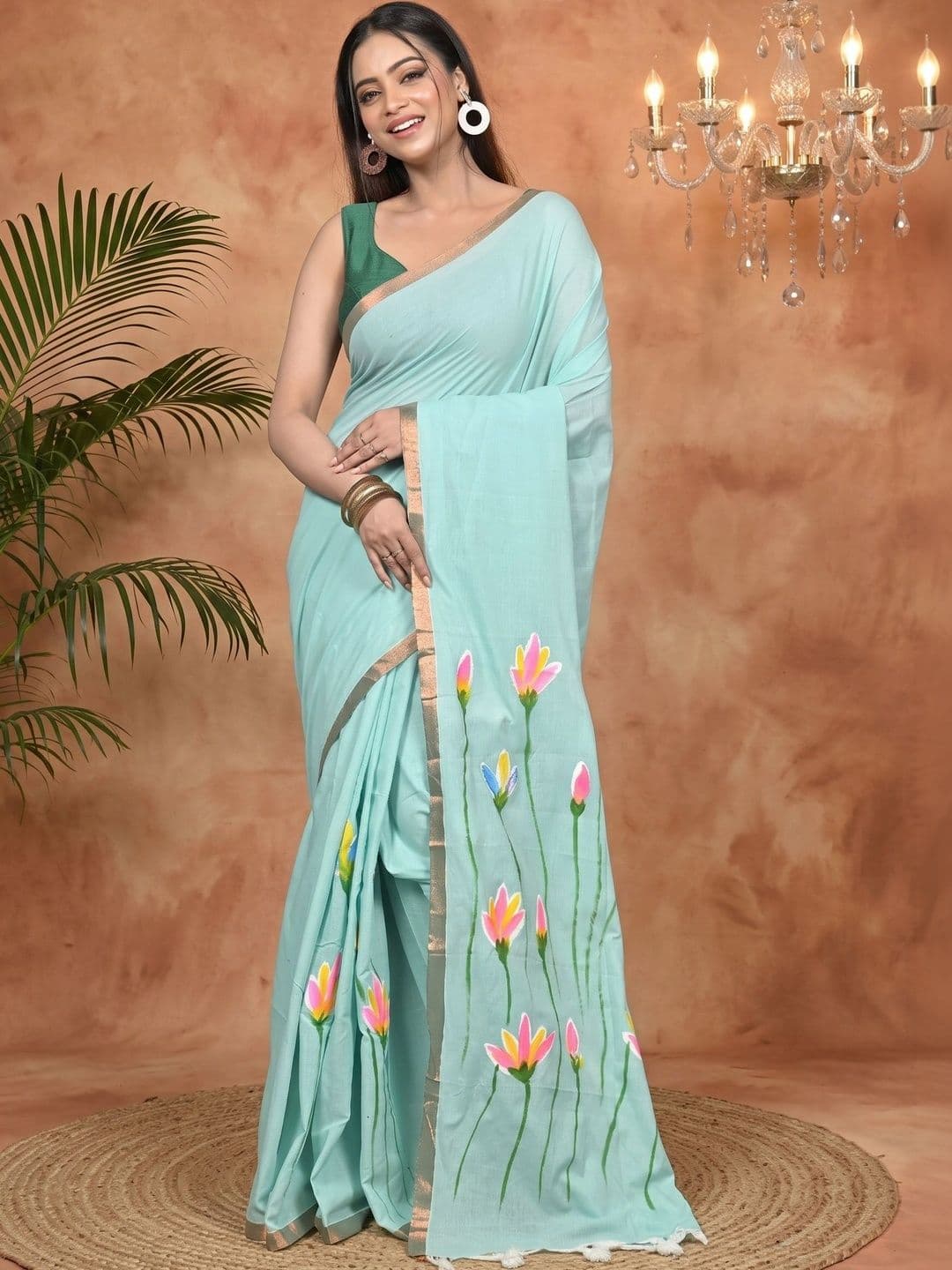 PuJoy Floral Sequinned Pure Cotton Handloom Taant Saree thumbnail 7