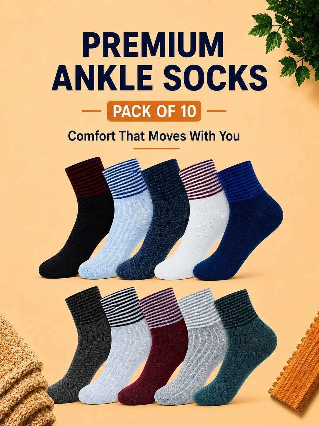 ADDOSSO Men Pack of 10 Cotton Assorted Striped Ankle Length Socks thumbnail 2