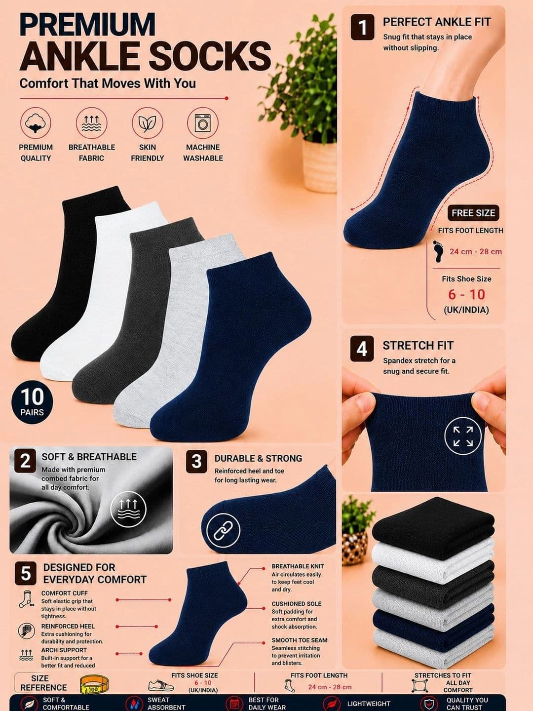 ADDOSSO Men Pack of 10 Cotton Assorted Ankle Length Socks thumbnail 5