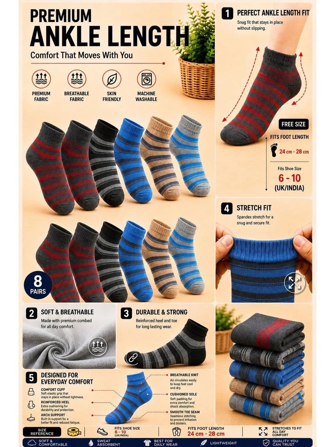 ADDOSSO Men Pack of 8 Cotton Assorted Striped Ankle Length Socks thumbnail 2