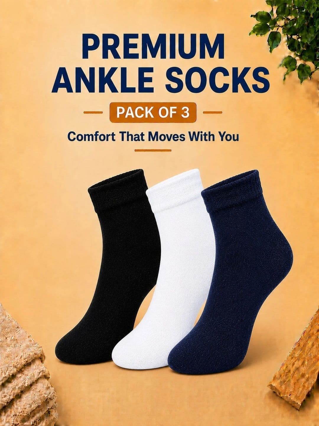 ADDOSSO Men Pack of 3 Cotton Assorted Ankle Length Socks thumbnail 4