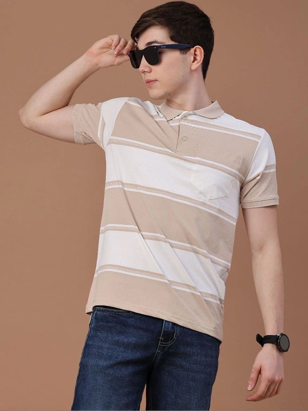 V-Mart Men Striped Polo Collar Pockets Slim Fit T-shirt thumbnail 2