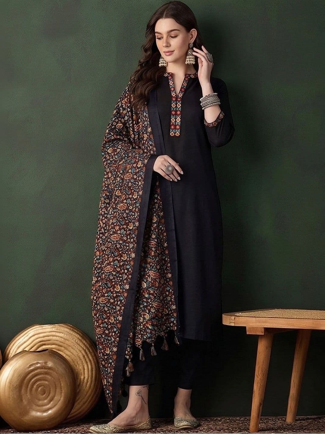 Sangria Women Ethnic Motifs Embroidered Regular Thread Work Pure Cotton Kurta with Trousers & With Dupatta - view 1