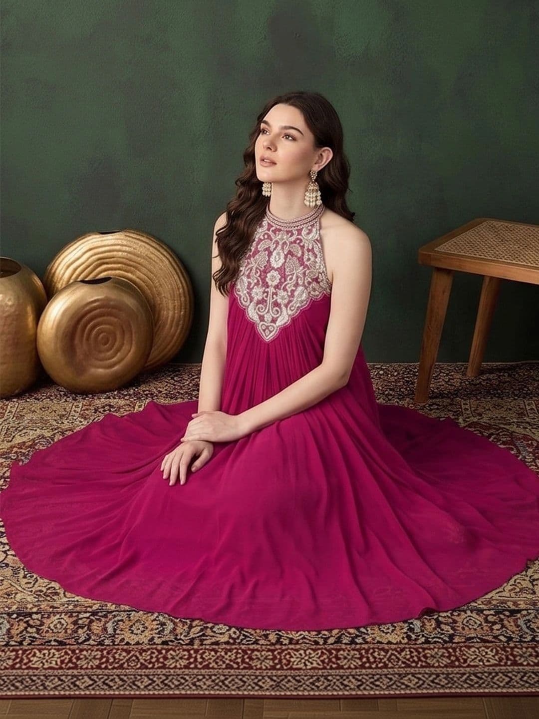 Sangria Women Ethnic Motifs Embroidered Empire Thread Work Silk Georgette Kurta with Trousers thumbnail 6