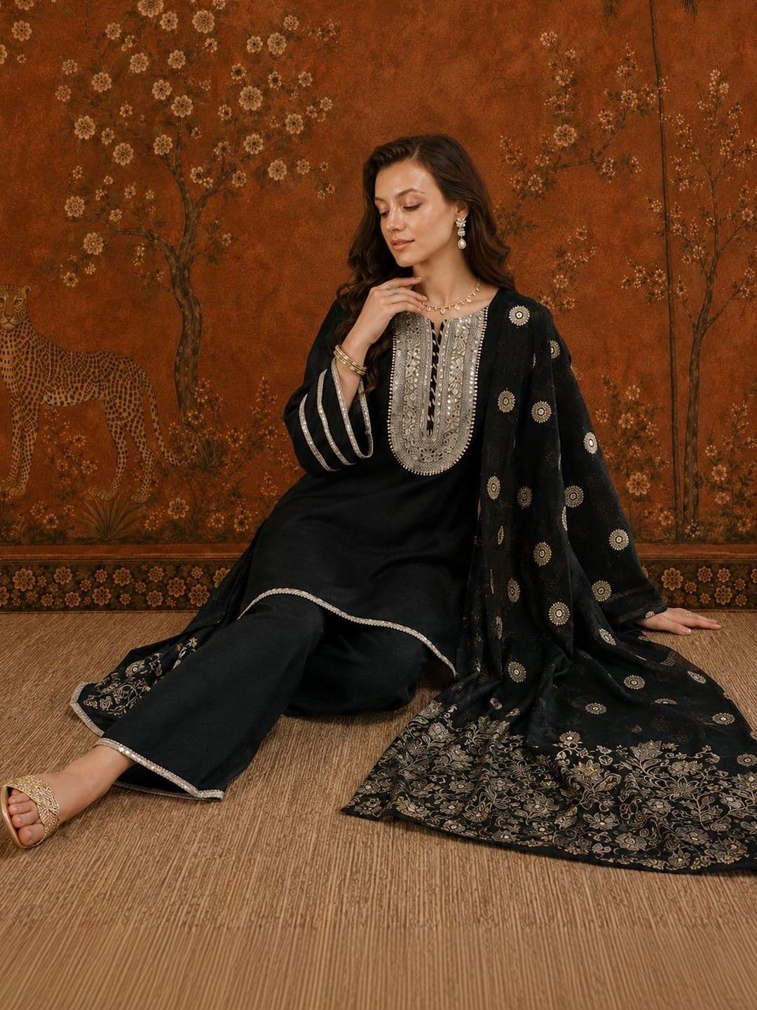 Sangria Women Ethnic Motifs Regular Mirror Work Kurta with Palazzos & With Dupatta thumbnail 6