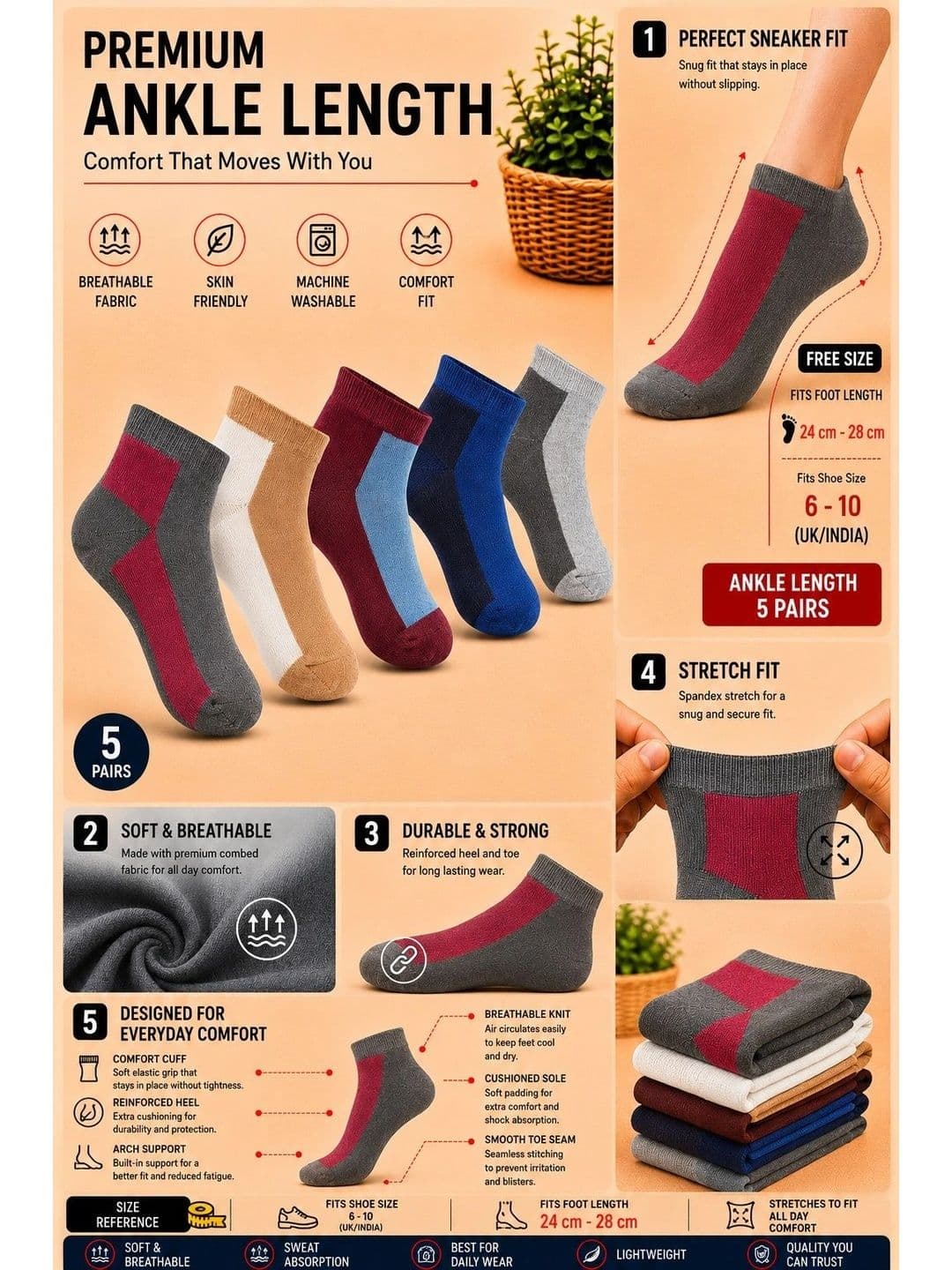 ADDOSSO Men Pack of 5 Cotton Assorted Colourblocked Ankle Length Socks thumbnail 5