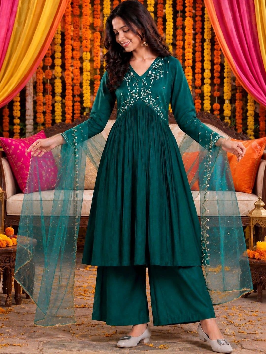 KALINI Women Ethnic Motifs Embroidered Empire Pure Silk Kurta with Palazzos & With Dupatta - view 1