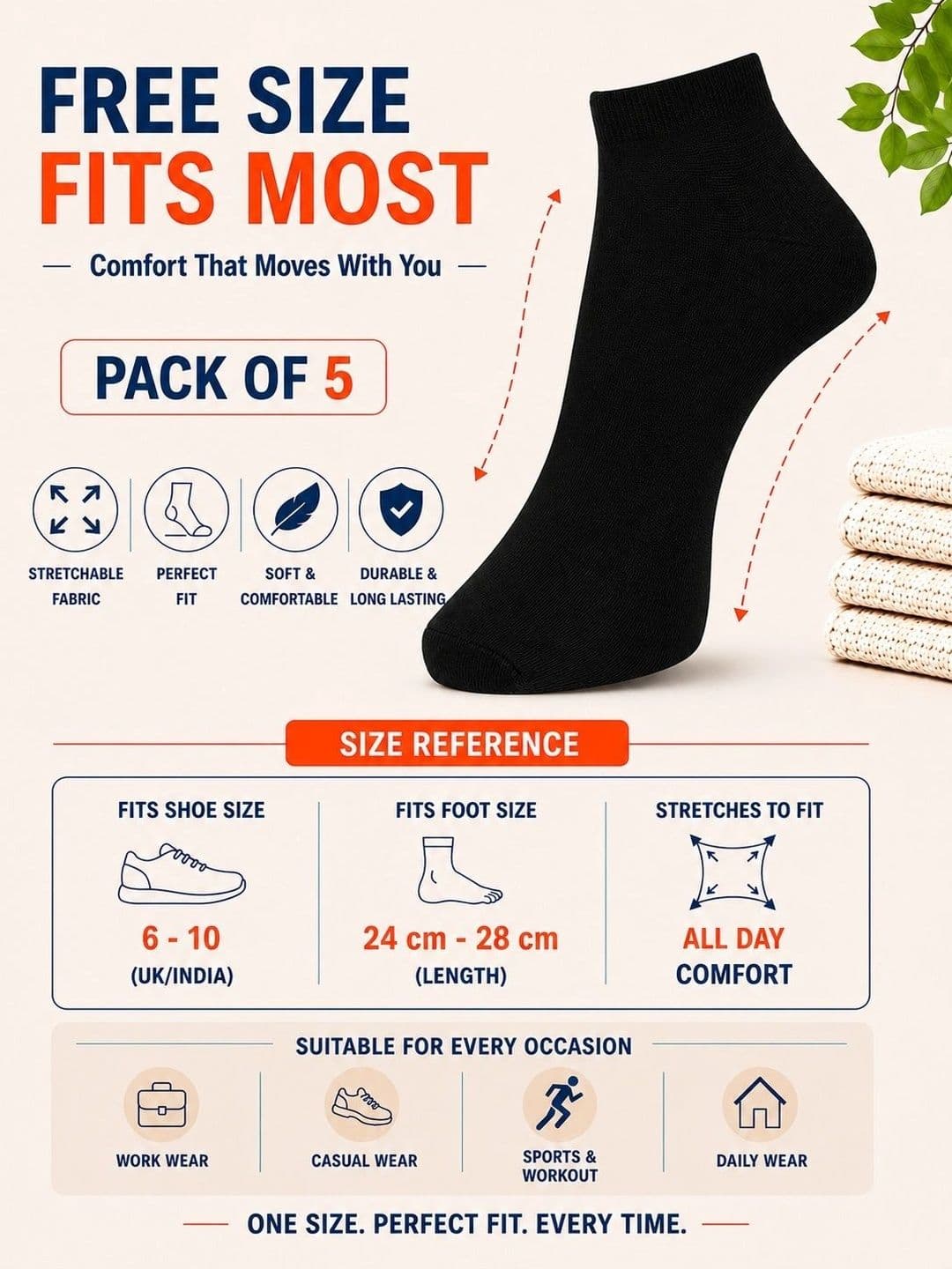 ADDOSSO Men Pack of 5 Cotton Assorted Ankle Length Socks thumbnail 3