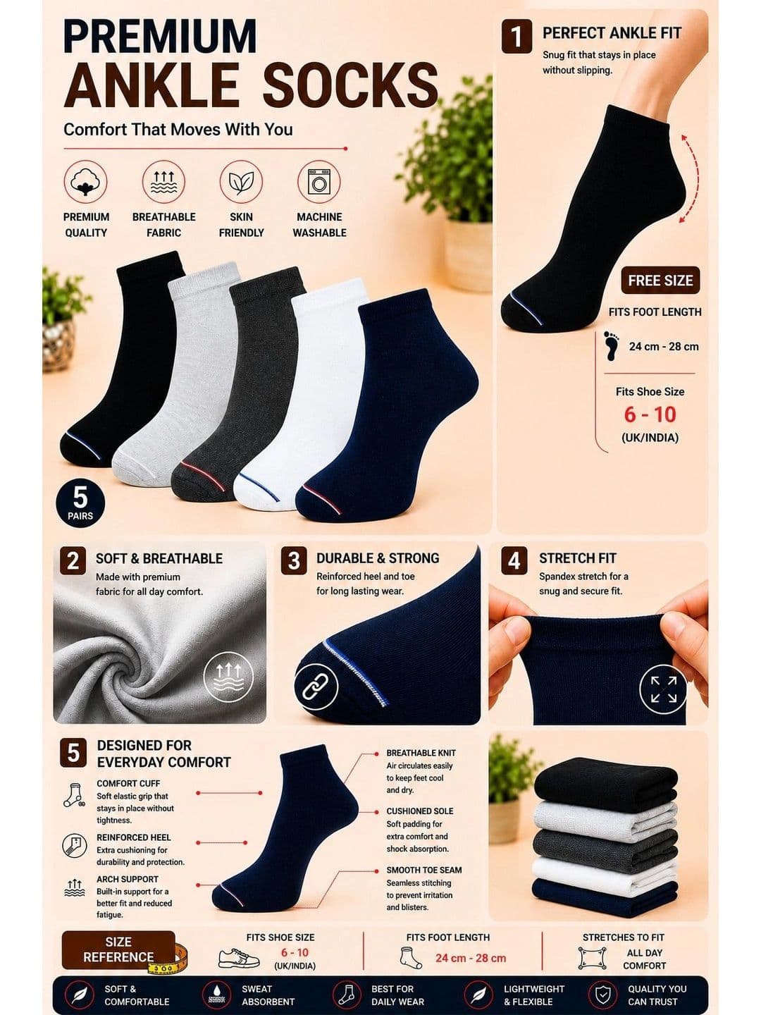 ADDOSSO Men Pack of 5 Cotton Assorted Ankle Length Socks thumbnail 5