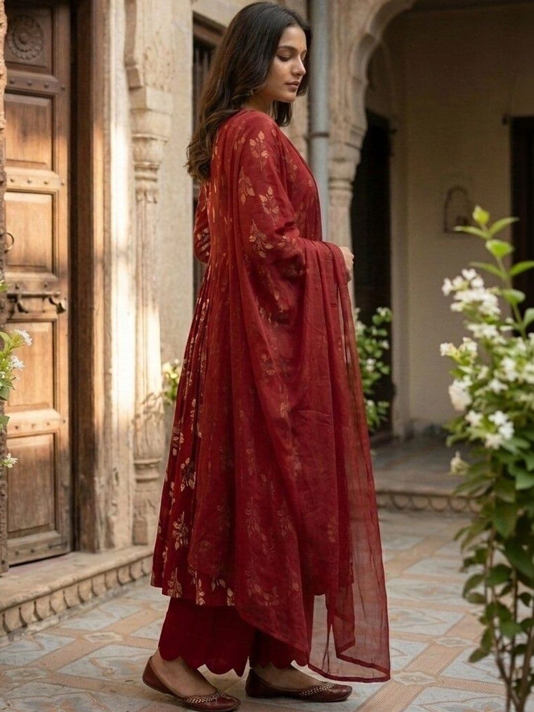 Anouk Women Ethnic Motifs Printed Angrakha Pure Cotton Kurta with Palazzos & With Dupatta thumbnail 3