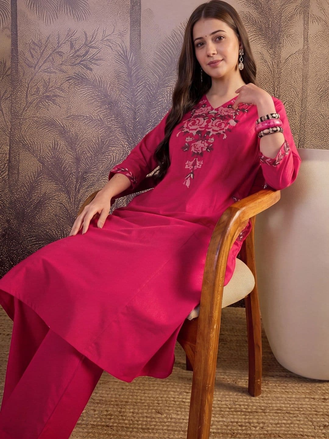Shree Ramkrishna Fab Women Floral Embroidered Regular Thread Work Pure Cotton Kurta with Palazzos thumbnail 4