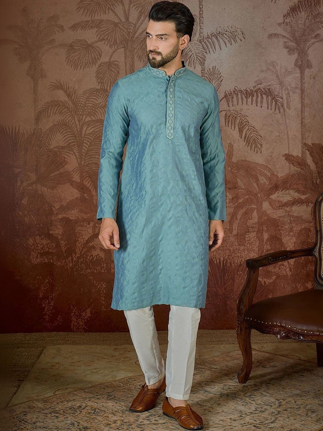House of Pataudi Men Thread Work Jacquard Kurta thumbnail 2