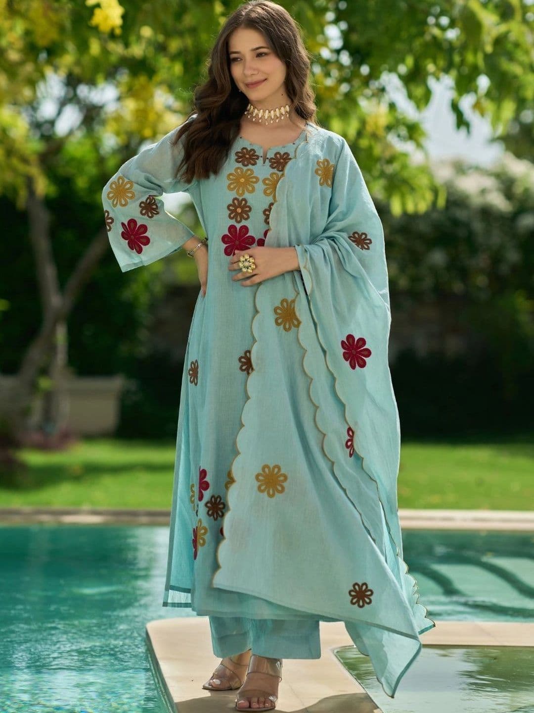 Moda Rapido Women Floral Embroidered Regular Thread Work Chanderi Silk Kurta with Trousers & With Dupatta thumbnail 2