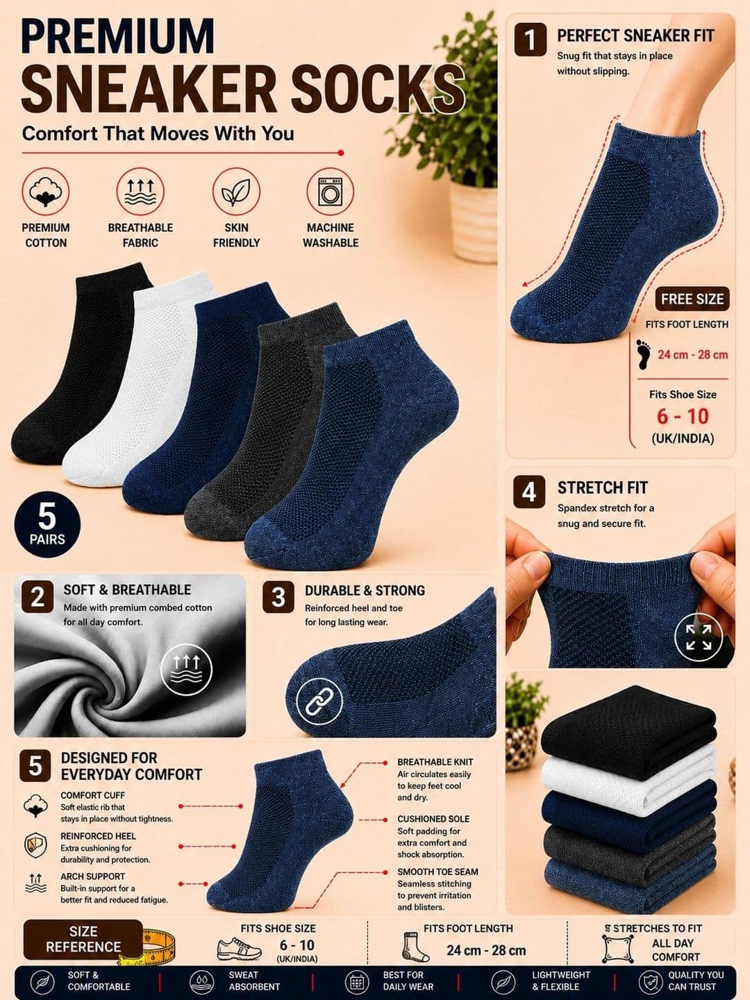 ADDOSSO Men Pack of 5 Cotton Assorted Patterned Ankle Length Socks thumbnail 3