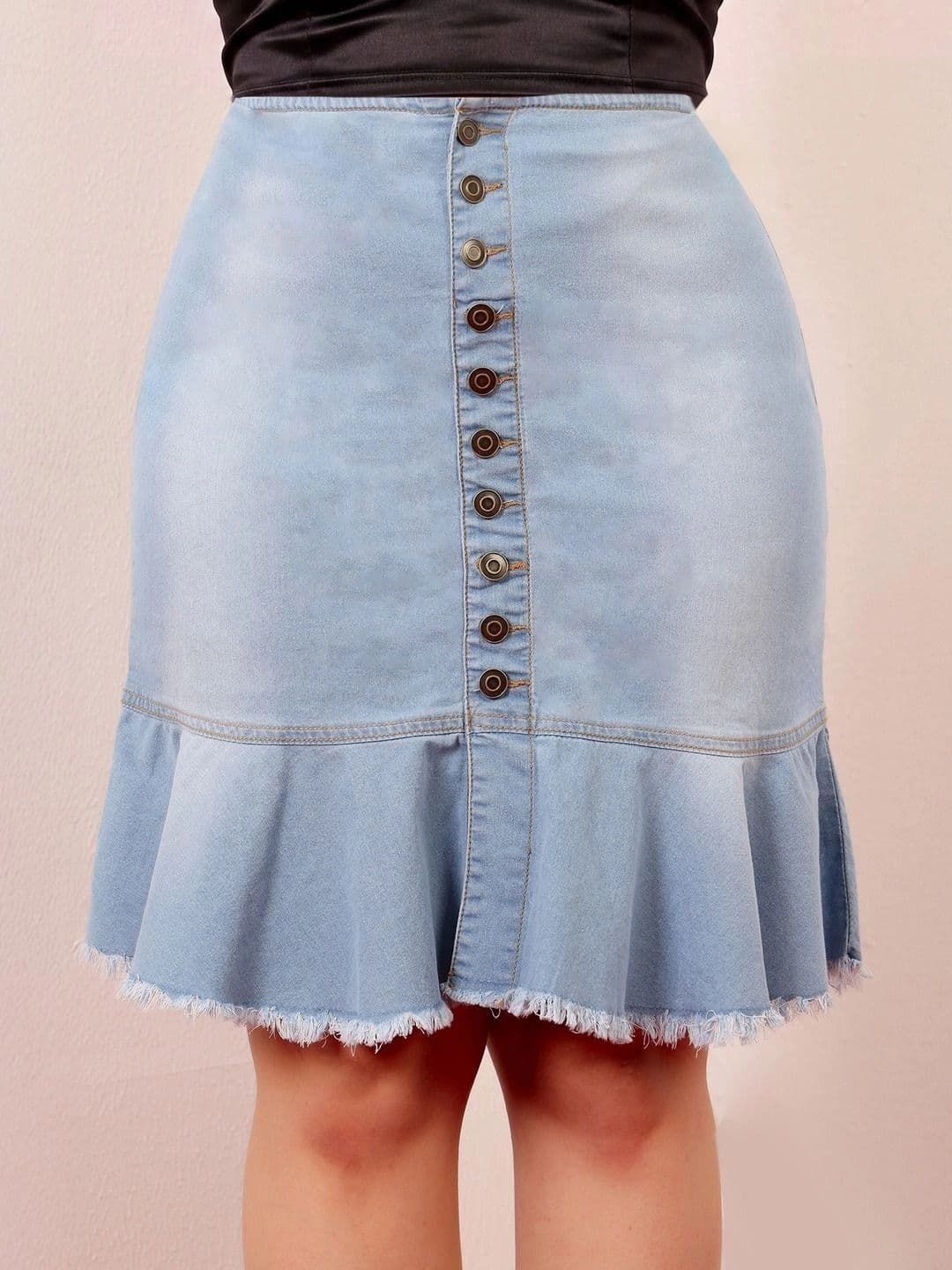 Miss Chase A+ Women Denim Frayed Denim Knee Length Trumpet Skirt thumbnail 2