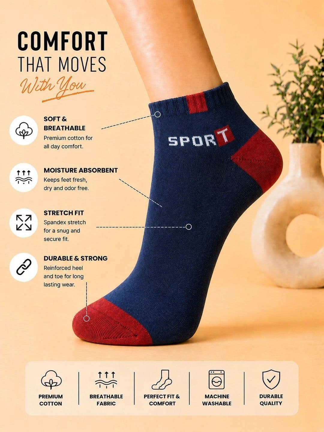 ADDOSSO Men Pack of 10 Cotton Assorted Patterned Ankle Length Socks thumbnail 5