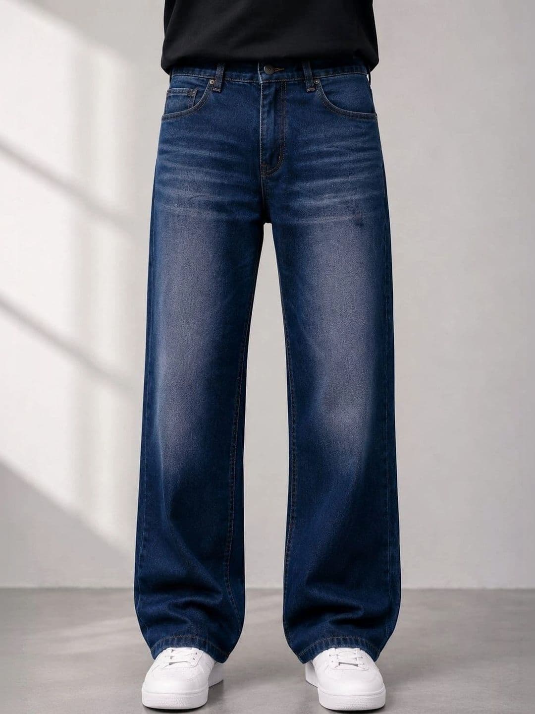 VK CULTURE Men Wide Leg Mid-Rise Low Distress Light Fade Jeans thumbnail 2