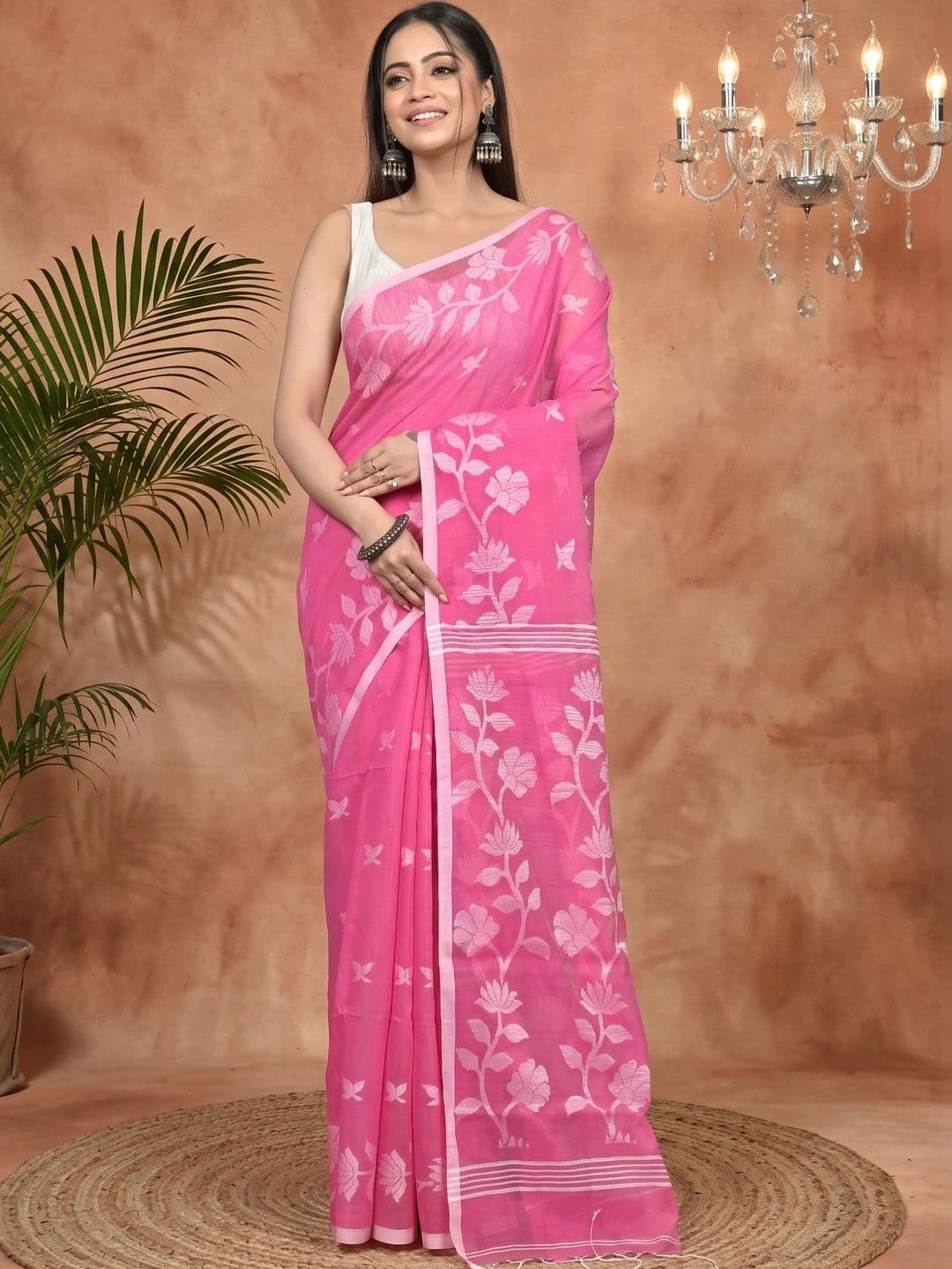 PuJoy Floral Sequinned Handloom Taant Saree - view 1