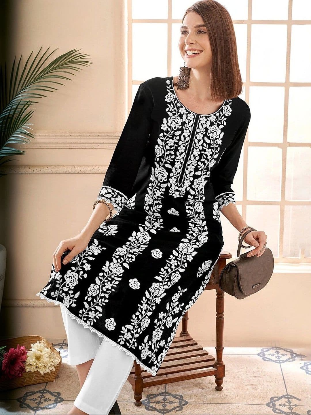 Sangria Women Floral Embroidered Regular Thread Work Pure Cotton Kurta with Trousers - view 1