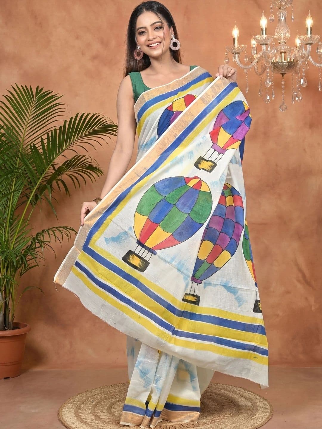 PuJoy Ethnic Motifs Sequinned Pure Cotton Handloom Taant Saree - view 1