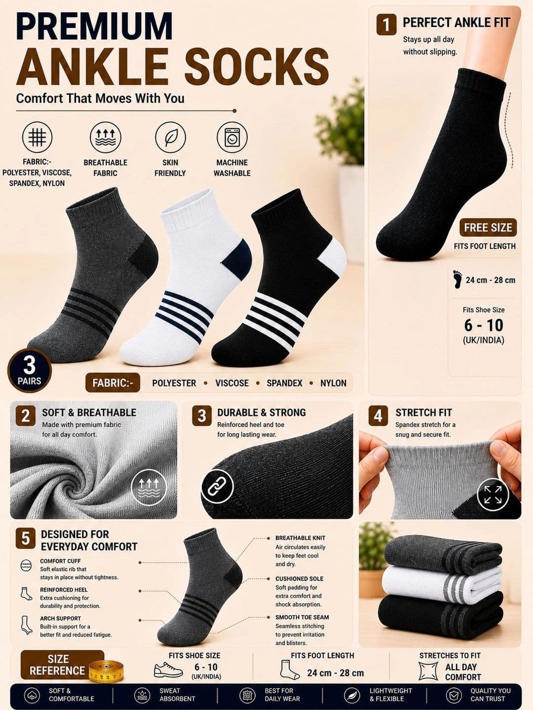 ADDOSSO Men Pack of 3 Cotton Assorted Striped Ankle Length Socks thumbnail 2