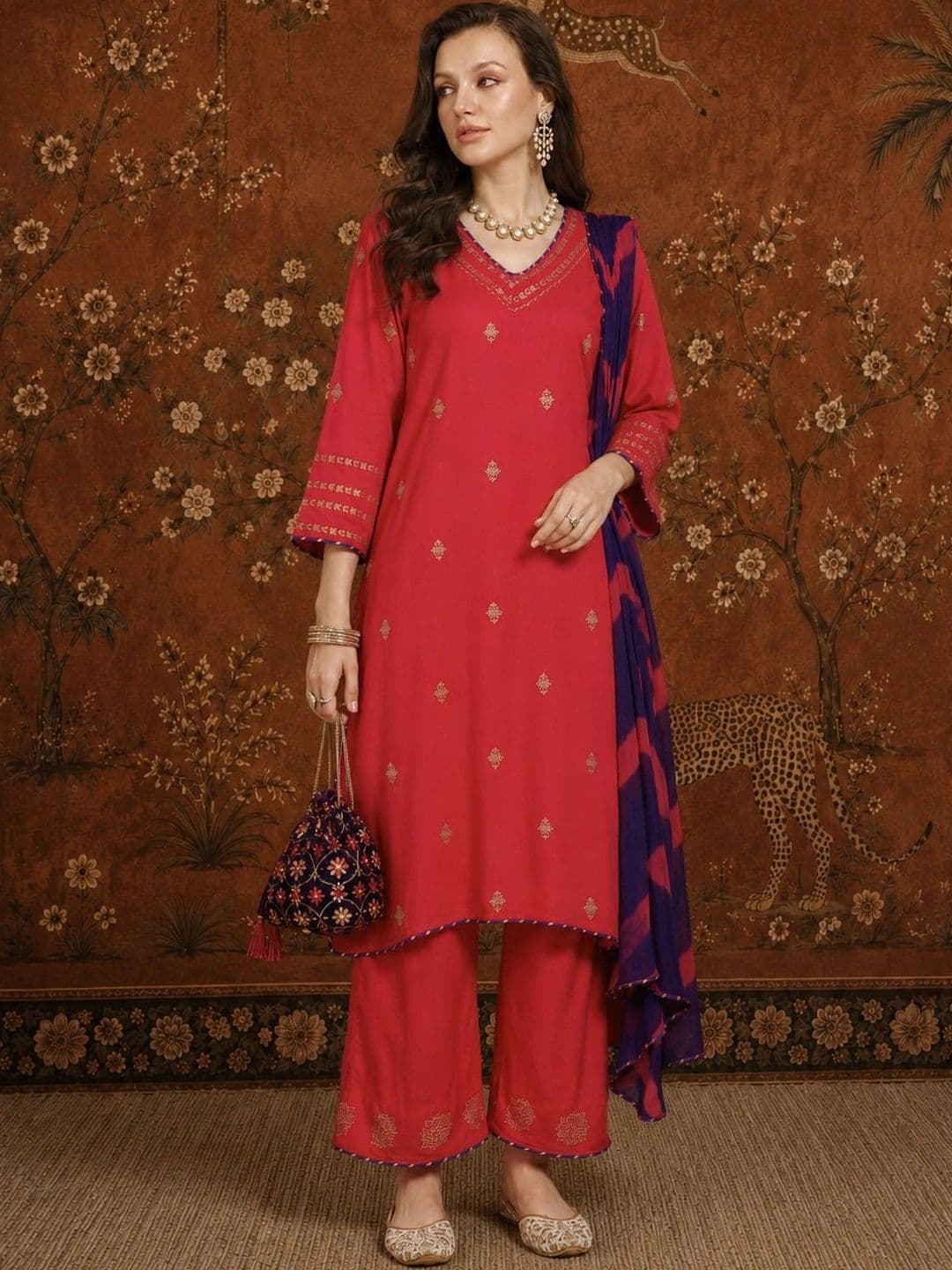 Sangria Women Ethnic Motifs Embroidered Regular Thread Work Kurta with Palazzos & With Dupatta - view 1