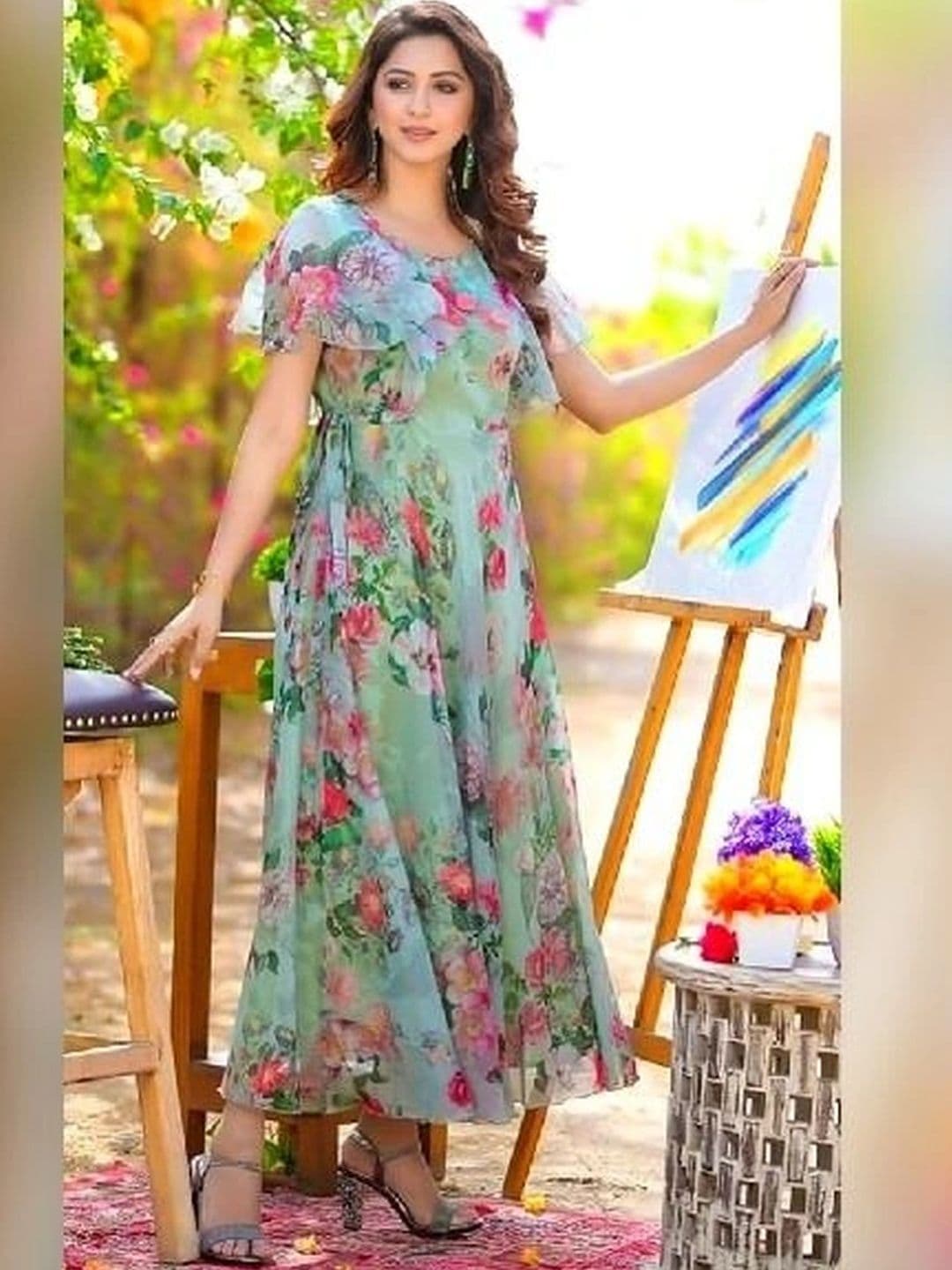 JS CREATIVE Floral Print Flutter Sleeve Ruffled Georgette A-Line Maxi Dress thumbnail 3