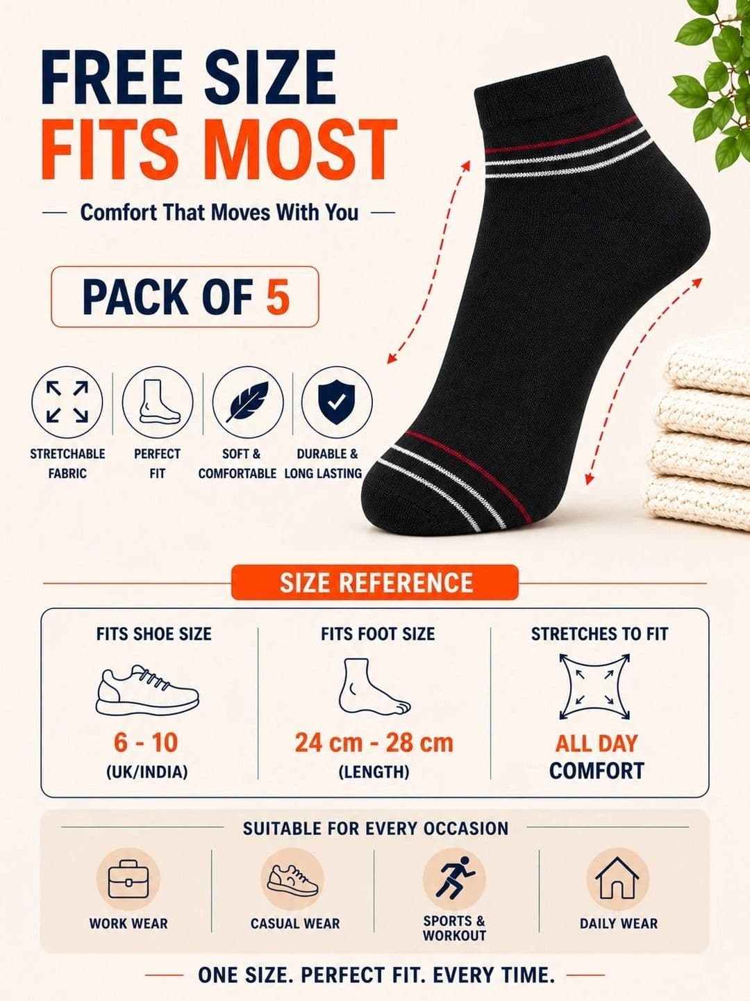 ADDOSSO Men Pack of 5 Cotton Assorted Striped Ankle Length Socks thumbnail 3