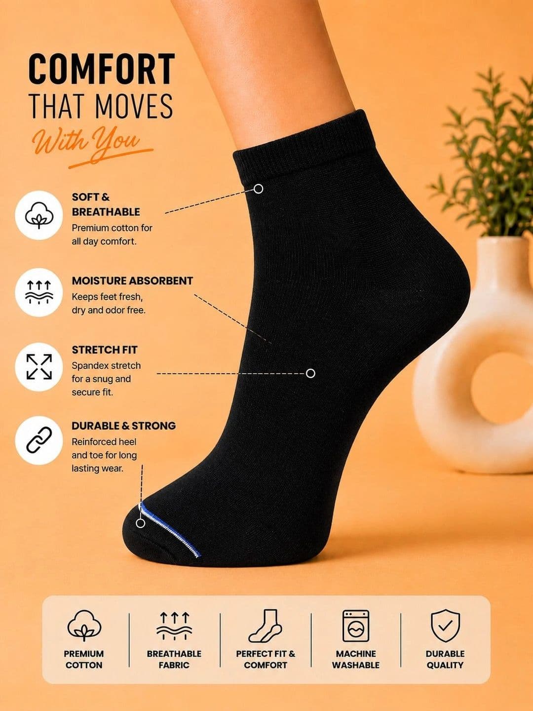 ADDOSSO Men Pack of 5 Cotton Assorted Ankle Length Socks thumbnail 2