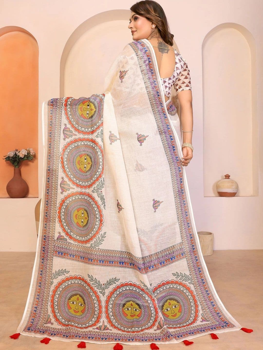 VS MALL Floral Linen Blend Saree thumbnail 4