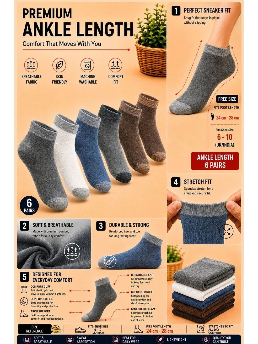 ADDOSSO Men Pack of 6 Cotton Assorted Ankle Length Socks thumbnail 3