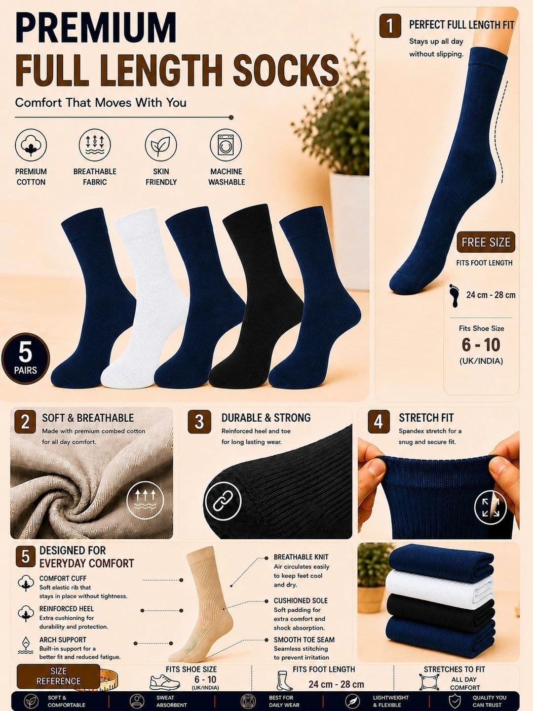 ADDOSSO Men Pack of 5 Cotton Assorted Patterned Calf Length Socks thumbnail 4