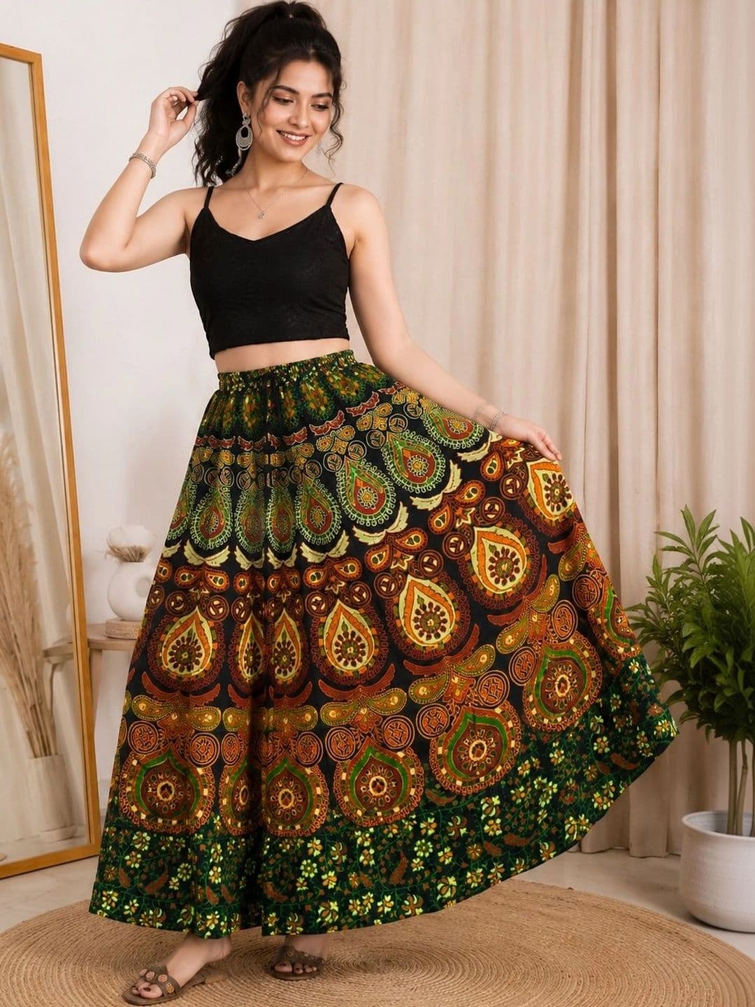 HIMCARE Women Cotton Cambric Paisley Bohemian Maxi Flared Skirt - view 1